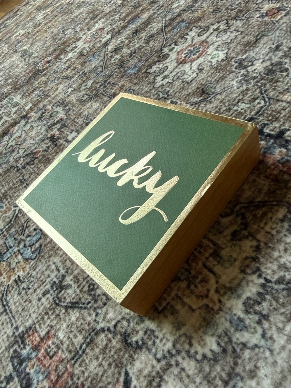 Green "Lucky" Decorative Box wall art with Gold Accents 6x6x1.5in